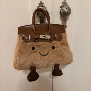 Jellycat-birkin-style  Faux Fur Crossbody Bag with Smiley Face